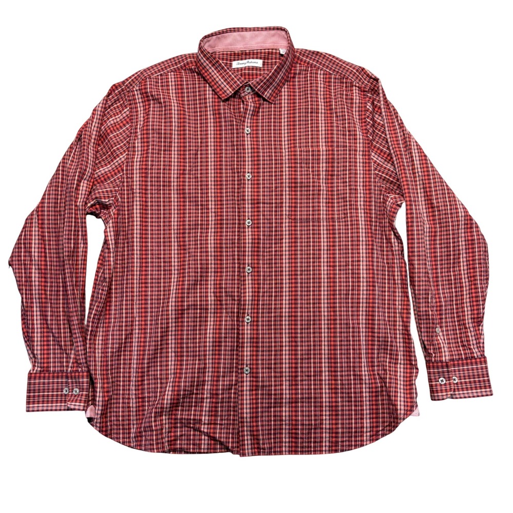 Tommy Bahama Mens XL Red Plaid Cotton Silk Blend Long Sleeve Button Up Shirt